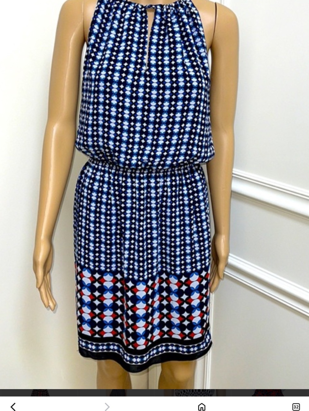 Max Studio Navy Blue Geometric Dress NWOT medium elastic waist summer vacay